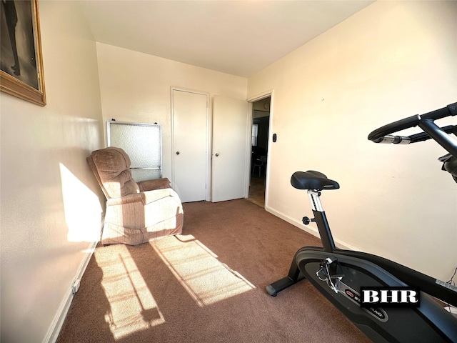 workout room featuring dark colored carpet