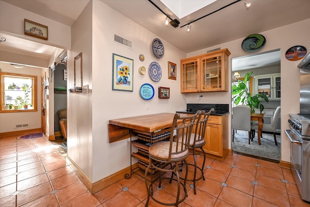 kitchen with a skylight, stainless steel stove, track lighting, and light tile patterned flooring