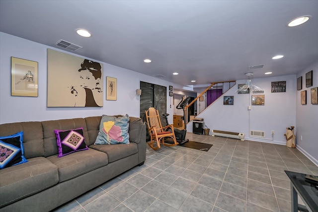 living room featuring tile patterned flooring