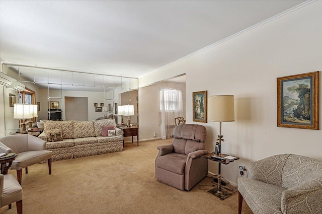 living room featuring light colored carpet