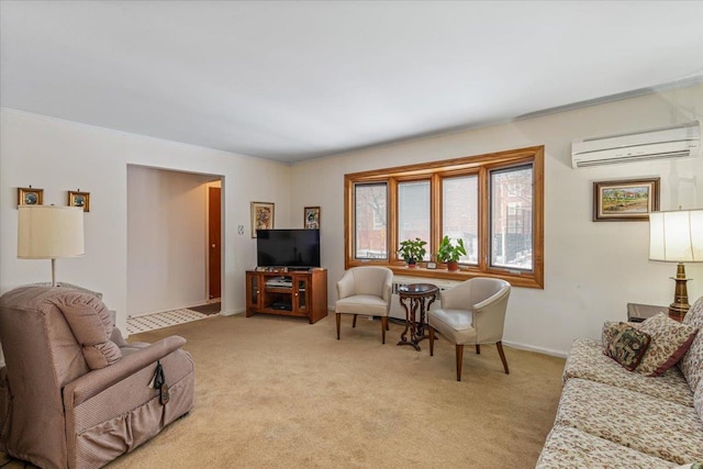 living room featuring light carpet and a wall mounted air conditioner