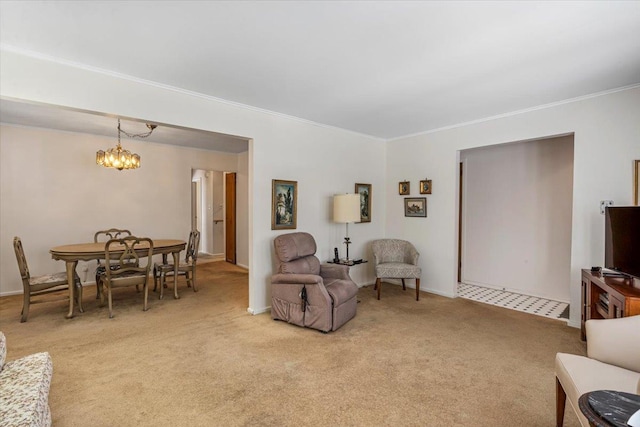 living room with ornamental molding, light colored carpet, and a notable chandelier