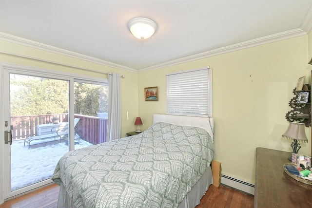 bedroom with baseboard heating, ornamental molding, hardwood / wood-style flooring, and access to outside