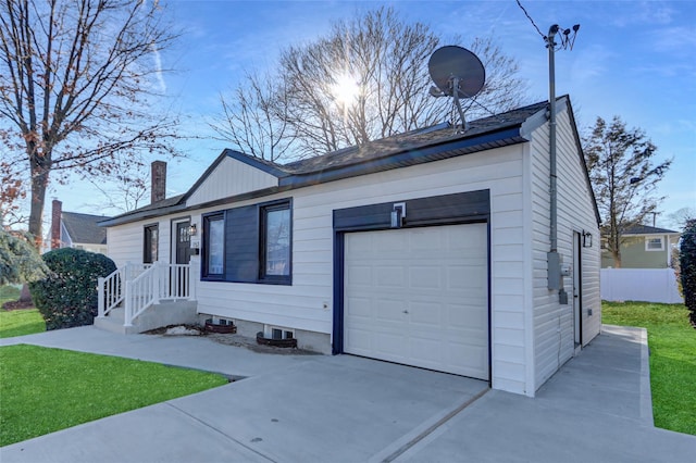 single story home featuring an attached garage, fence, concrete driveway, a front lawn, and a chimney