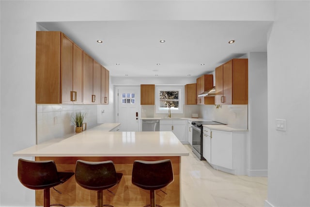 kitchen with brown cabinetry, a peninsula, stainless steel appliances, light countertops, and under cabinet range hood