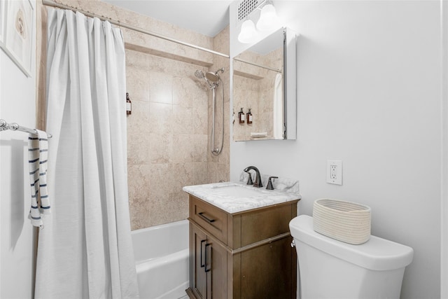 full bathroom featuring vanity, toilet, and shower / bathtub combination with curtain