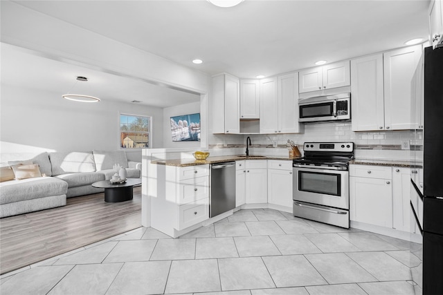 kitchen with stainless steel appliances, sink, white cabinets, and kitchen peninsula