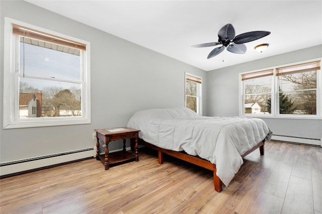 bedroom with multiple windows, light hardwood / wood-style floors, ceiling fan, and baseboard heating