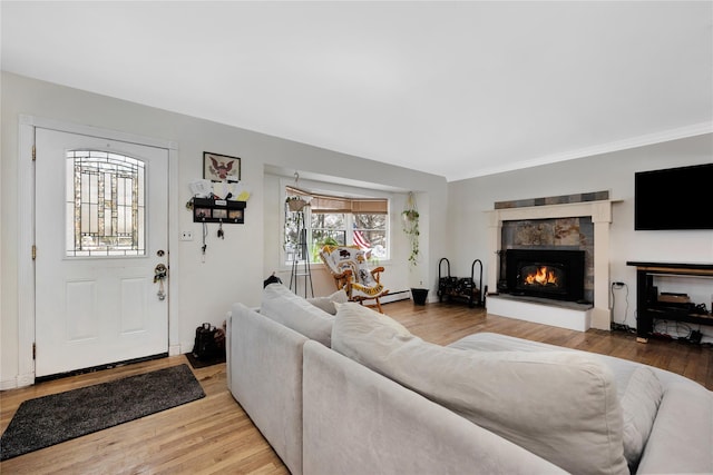 4 Young Rd, Coram, NY 11727 - living area with a lit fireplace, light wood-style flooring, and a baseboard radiator
