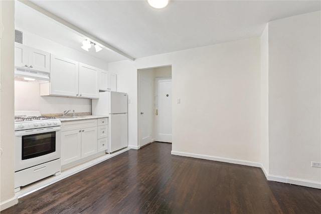 kitchen featuring white cabinetry, dark hardwood / wood-style flooring, sink, and white appliances