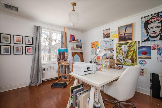 home office with baseboards, visible vents, dark wood-type flooring, and crown molding