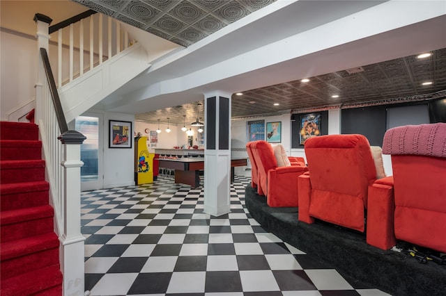 home theater featuring recessed lighting and tile patterned floors