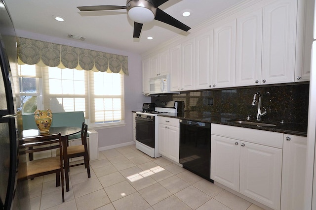 kitchen with sink, backsplash, white cabinets, ceiling fan, and white appliances