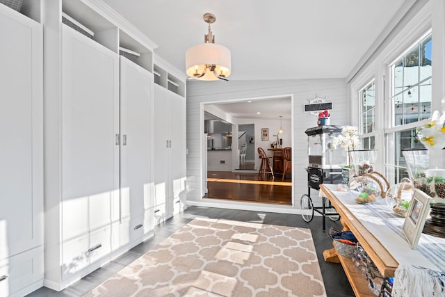 mudroom featuring a notable chandelier and dark hardwood / wood-style floors