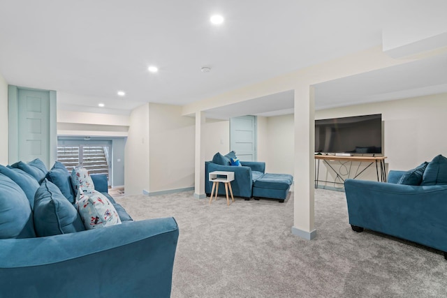 living room with light colored carpet