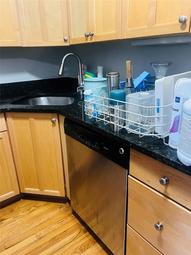 17 Broadway Unit 1K, Harrison, NY 10528 - kitchen with sink, light brown cabinets, light wood-type flooring, stainless steel dishwasher, and dark stone counters