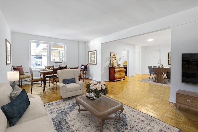 living room with light parquet floors