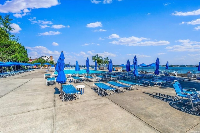 view of pool featuring a water view