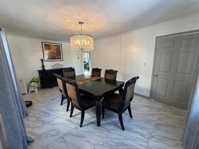 dining area with an inviting chandelier, radiator, and ornamental molding