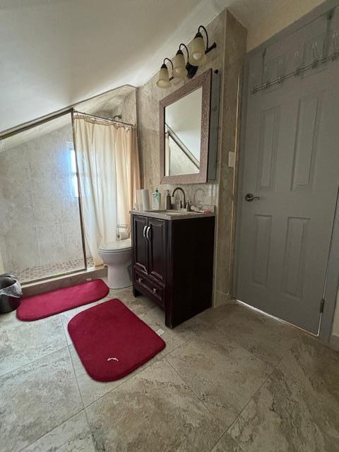 bathroom with vanity, walk in shower, and toilet