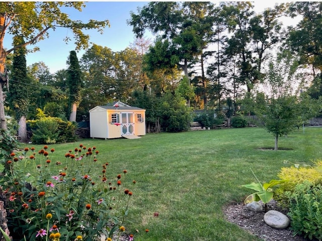 view of yard featuring a storage unit