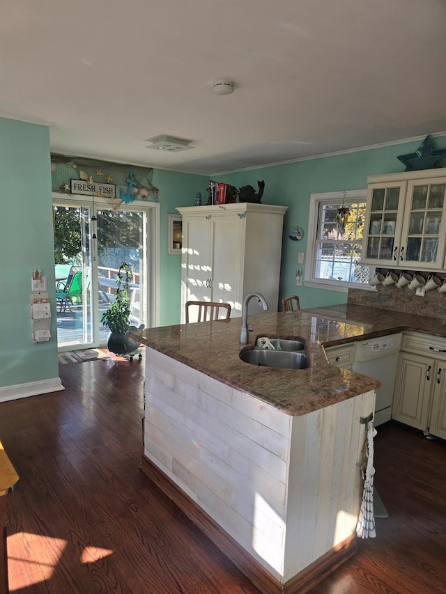 kitchen with dark wood-style floors, white dishwasher, a sink, and a healthy amount of sunlight