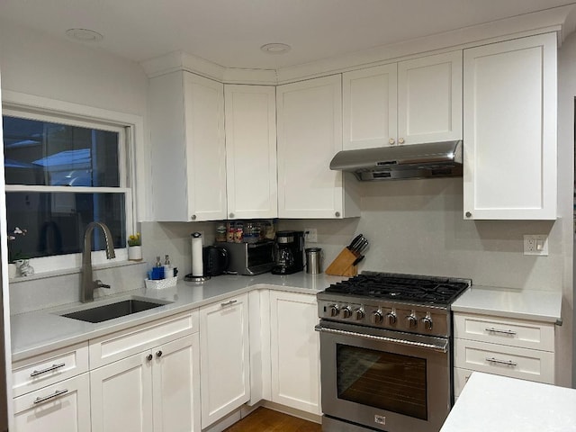 kitchen with white cabinets, sink, and stainless steel range