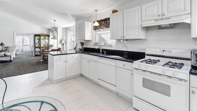 kitchen with white cabinetry, white appliances, decorative light fixtures, and sink