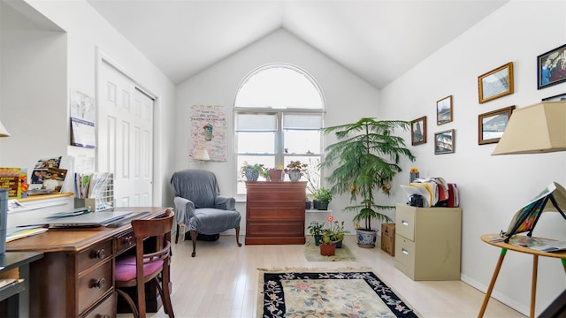 office with vaulted ceiling and light wood-type flooring