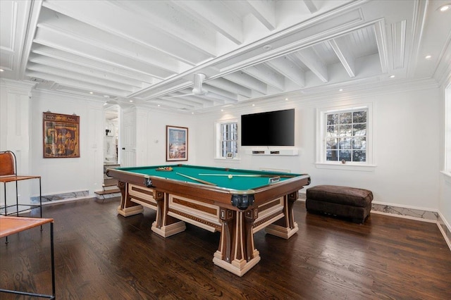 playroom featuring hardwood / wood-style flooring, billiards, and ornate columns