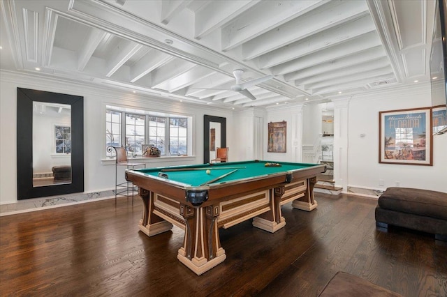 game room featuring hardwood / wood-style flooring, billiards, coffered ceiling, beamed ceiling, and ornate columns