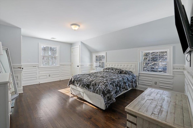 bedroom featuring lofted ceiling and dark hardwood / wood-style floors