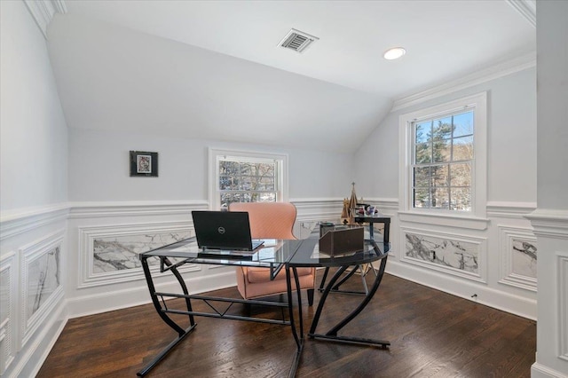 office space with vaulted ceiling and hardwood / wood-style floors