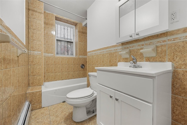 full bathroom featuring tile walls, vanity, a baseboard radiator, toilet, and tiled shower / bath