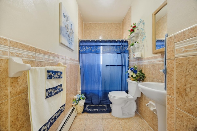 bathroom featuring tile walls, tile patterned floors, toilet, and shower / tub combo with curtain