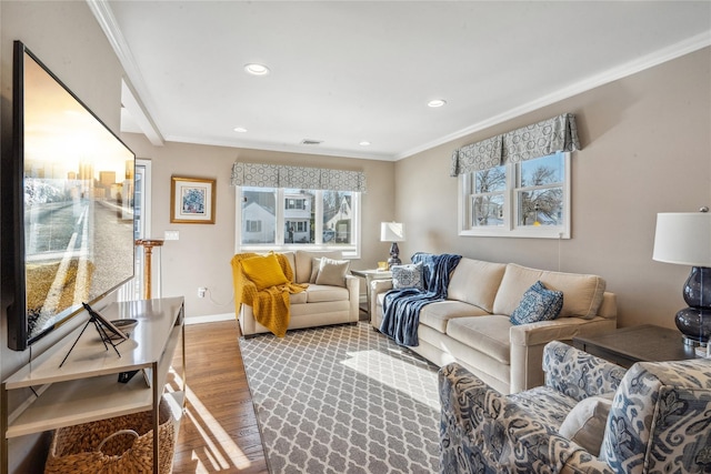 living room featuring hardwood / wood-style flooring and crown molding