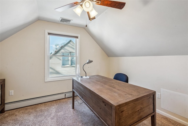 office featuring lofted ceiling, a baseboard heating unit, ceiling fan, and carpet