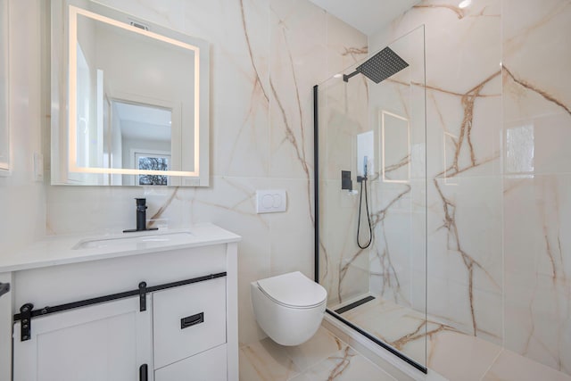 bathroom featuring vanity, toilet, tile walls, and a tile shower