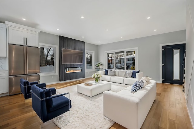 living room featuring plenty of natural light, a fireplace, and light hardwood / wood-style floors