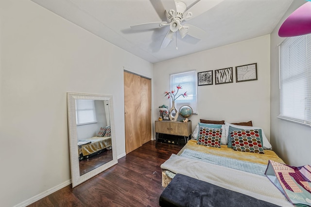 bedroom with ceiling fan, a closet, dark hardwood / wood-style flooring, and multiple windows