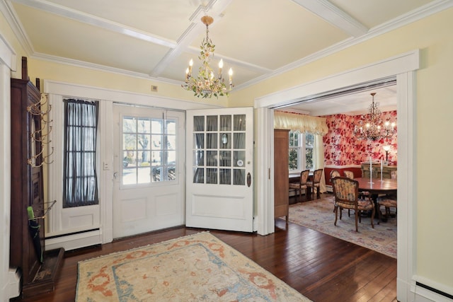 doorway to outside featuring beamed ceiling, coffered ceiling, a notable chandelier, and dark hardwood / wood-style flooring