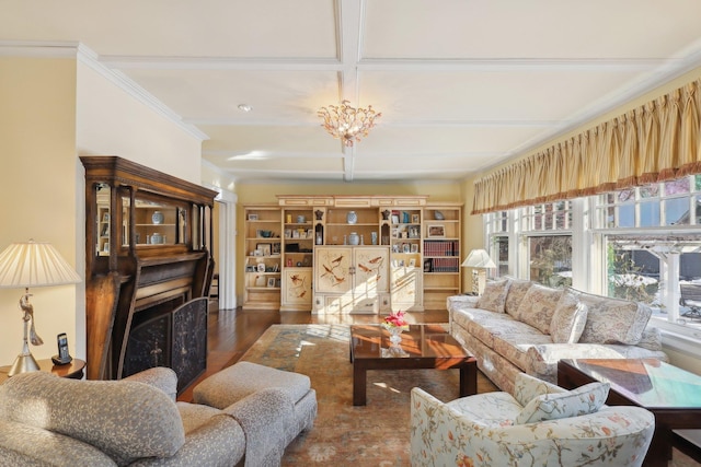 living room featuring hardwood / wood-style flooring, crown molding, and coffered ceiling