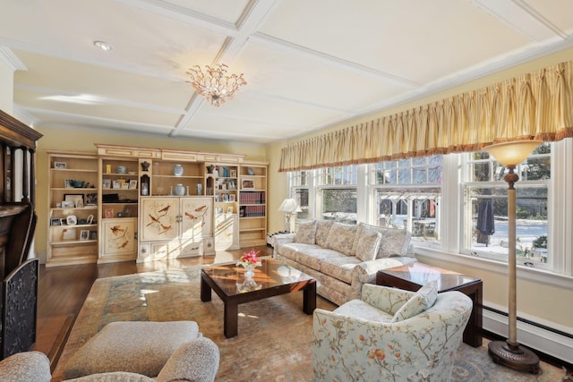 living room featuring coffered ceiling, dark wood-type flooring, a baseboard radiator, and plenty of natural light