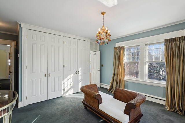 living area featuring an inviting chandelier, dark carpet, a baseboard radiator, and ornamental molding