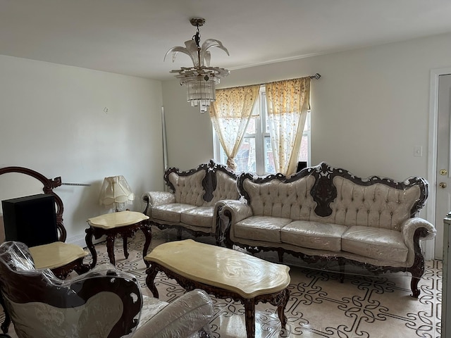 living room featuring an inviting chandelier