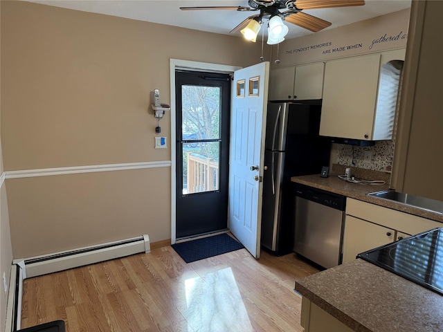 kitchen featuring backsplash, stainless steel dishwasher, a baseboard heating unit, and light wood-type flooring