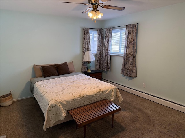 bedroom featuring a baseboard radiator, dark carpet, and ceiling fan