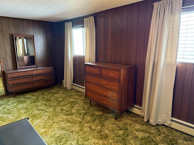 interior space featuring dark carpet and wood walls