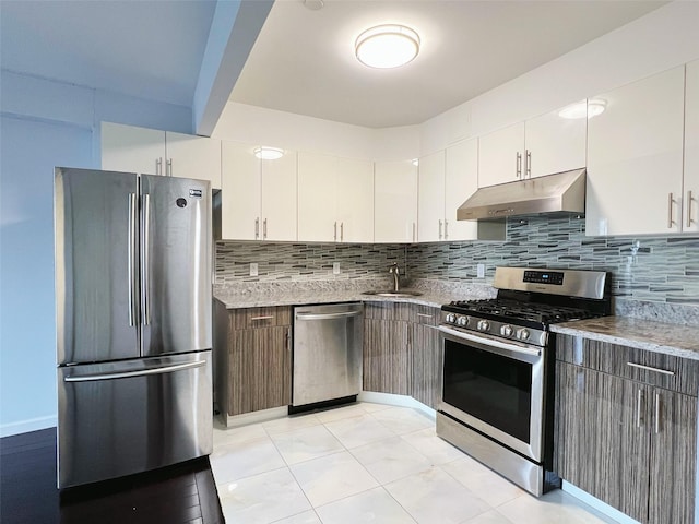 kitchen featuring white cabinetry, sink, decorative backsplash, and stainless steel appliances