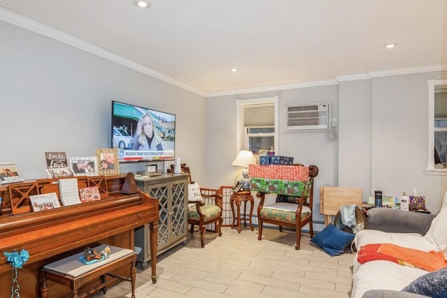 living room with ornamental molding, light hardwood / wood-style floors, and a wall unit AC